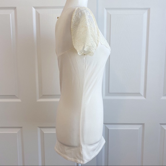 Express Sheer & Lace Short Sleeve Ivory Top Tee - Picture 3 of 7